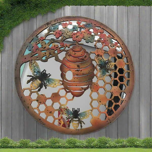 Handmade 60cm Bee and bee hive Wall Plaque with acrylic mirror, colourful Metal, Garden/indoor Wall Art powder coated steel