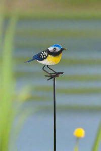 Handmade powder coated Blue tit on a pole sculpture 130cm tall