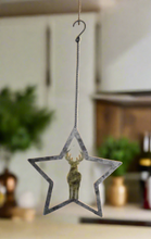 Load image into Gallery viewer, Handmade powder coated hanging silver star with reindeer measuring 27 x 25 x 1cm
