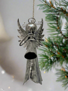 Handmade powder coated Christmas hanging angel with flute measuring 6 x 5 x13cm