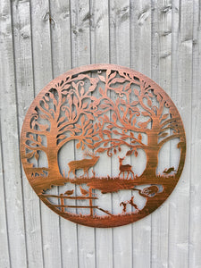 Handmade bronze 80cm bronze wall plaque of Woodland animals Tree Wall Plaque, powder coated steel , indoor/outdoor Wall Art