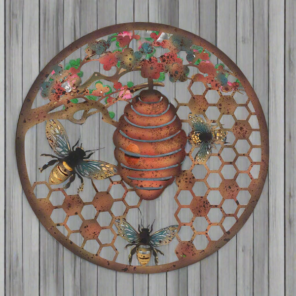 Handmade 40cm Bee and bee hive Wall Plaque, colourful Metal, Garden/indoor Wall Art powder coated steel