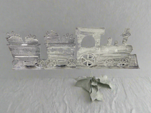 Load image into Gallery viewer, Handmade Christmas silver three piece train set measuring 50 x 8 x 16cm
