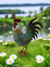 Load image into Gallery viewer, Garden metal cockerel/ hen blue, white and yellow named Noah measuring 16 x 22 x 45cm
