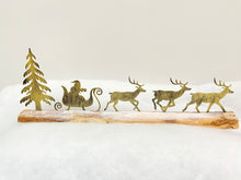 Load image into Gallery viewer, Handmade Christmas gold sleigh and reindeers with Christmas tree on a wood log 46 x 5 x 17cm
