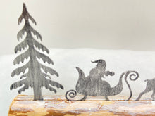 Load image into Gallery viewer, Handmade Christmas silver sleigh and reindeers with Christmas tree on a wood log 46 x 5 x 17cm
