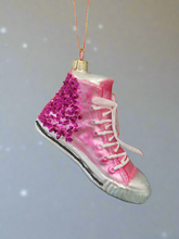 Load image into Gallery viewer, Glass Christmas pink glitter trainer shoe Christmas bauble tree hanging decoration/christmas/seasonal/ glass hanging item
