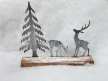 Load image into Gallery viewer, Handmade Christmas silver scene with two reindeers and Christmas tree on a wooden log 27 x 5 x 22cm
