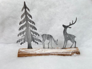 Handmade Christmas silver scene with two reindeers and Christmas tree on a wooden log 27 x 5 x 22cm