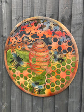 Load image into Gallery viewer, Handmade 60cm Bee and bee hive Wall Plaque with acrylic mirror, colourful Metal, Garden/indoor Wall Art powder coated steel - Marissa&#39;s Garden &amp; Gift
