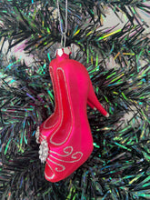 Load image into Gallery viewer, Glass Christmas pink high heels Christmas bauble tree hanging decoration/christmas/seasonal/ glass hanging item
