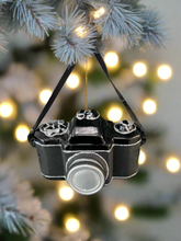 Load image into Gallery viewer, Glass Christmas camera/ photographers camera Christmas bauble tree hanging decoration/christmas/seasonal/ glass hanging item
