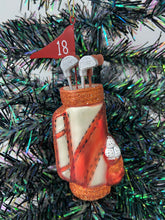 Load image into Gallery viewer, Glass Christmas golf bag with golf clubs Christmas bauble tree hanging decoration/christmas/seasonal/ glass hanging item
