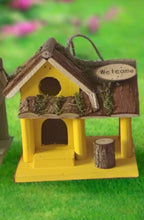 Load image into Gallery viewer, Handmade wooden coloured birdhouse hut with circular window and doorway measuring 15x11x14cm - Marissa&#39;s Garden &amp; Gift
