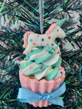 Load image into Gallery viewer, Resin unicorn cupcake Christmas bauble tree hanging decoration/christmas/seasonal/ resin hanging item
