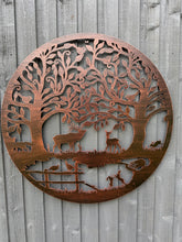 Load image into Gallery viewer, Handmade bronze 80cm bronze wall plaque of Woodland animals Tree Wall Plaque, powder coated steel , indoor/outdoor Wall Art
