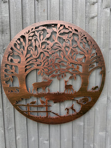 Handmade bronze 80cm bronze wall plaque of Woodland animals Tree Wall Plaque, powder coated steel , indoor/outdoor Wall Art