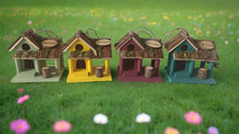 Load image into Gallery viewer, Handmade wooden coloured birdhouse hut with circular window and doorway measuring 15x11x14cm - Marissa&#39;s Garden &amp; Gift
