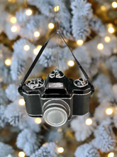 Load image into Gallery viewer, Glass Christmas camera/ photographers camera Christmas bauble tree hanging decoration/christmas/seasonal/ glass hanging item
