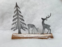 Load image into Gallery viewer, Handmade Christmas silver scene with two reindeers and Christmas tree on a wooden log 27 x 5 x 22cm
