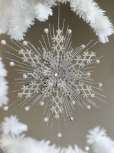 Load image into Gallery viewer, Handmade silver hanging snowflake Christmas bauble tree hanging decoration/christmas/seasonal/ resin hanging item measuring 19 x 2 x 23cm
