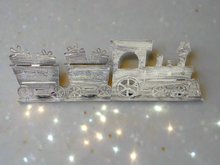 Load image into Gallery viewer, Handmade Christmas silver three piece train set measuring 50 x 8 x 16cm
