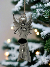 Load image into Gallery viewer, Handmade powder coated Christmas hanging angel with flute measuring 6 x 5 x13cm
