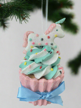 Indlæs billede til gallerivisning Resin unicorn cupcake Christmas bauble tree hanging decoration/christmas/seasonal/ resin hanging item
