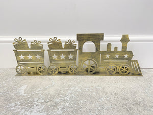 Handmade Christmas gold  three piece train set measuring 50 x 8 x 16cmwith t-light holders - Marissa's Garden & Gift