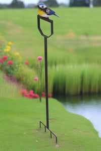 Handmade powder coated Blue tit on a spade sculpture 105cm tall