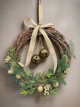 Load image into Gallery viewer, Handmade hanging wreath with bells/ Christmas seasonal decor 30 x 30 x 18cm
