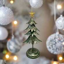 Load image into Gallery viewer, Handmade Christmas metal tree table decoration green with gold brushed effect 16 x 10 x 31cm
