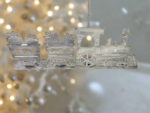 Load image into Gallery viewer, Handmade Christmas silver three piece train set measuring 50 x 8 x 16cm
