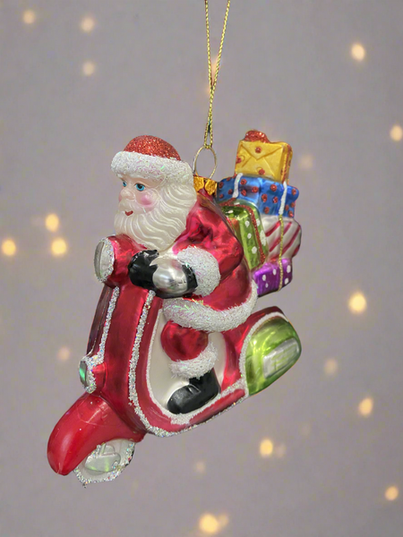 Glass Santa Claus on a motorbike /Father Christmas Christmas bauble tree hanging decoration/christmas/seasonal/ glass hanging item