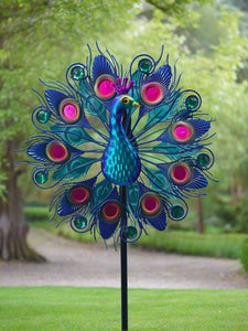 Handmade Aurora peacock powder coated garden wind sculpture spinner measuring 150cm