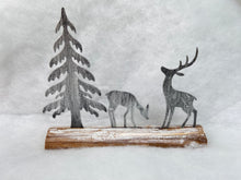 Load image into Gallery viewer, Handmade Christmas silver scene with two reindeers and Christmas tree on a wooden log 27 x 5 x 22cm
