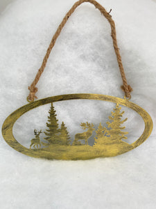 Handmade reindeer and Christmas tree gold wall art for indoors/outdoors oval wall art 38 x 1 x 18cm