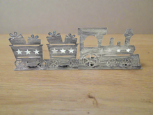 Load image into Gallery viewer, Handmade Christmas silver three piece train set measuring 50 x 8 x 16cm
