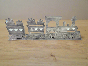 Handmade Christmas silver three piece train set measuring 50 x 8 x 16cm