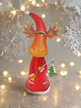 Load image into Gallery viewer, Handmade nodding reindeer with Christmas tree measuring 15 x 10 x 25cm
