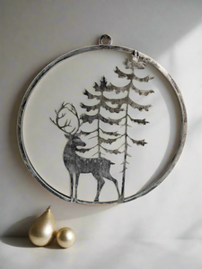 Handmade reindeer and tree silver wall art for indoors/outdoors 30 x 1 x 32cm - Marissa's Garden & Gift