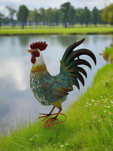 Load image into Gallery viewer, Garden metal cockerel/ hen blue, white and yellow named Noah measuring 16 x 22 x 45cm
