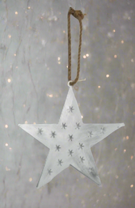 Handmade powder coated hanging white star measuring 45 x 45 x 1cm