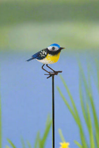 Handmade powder coated Blue tit on a pole sculpture 130cm tall