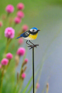 Handmade powder coated Blue tit on a pole sculpture 130cm tall