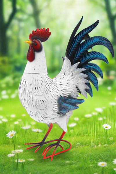 Garden metal cockerel/ hen white and blue named Barry measuring 16 x 22 x 45cm - Marissa's Garden & Gift