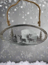 Load image into Gallery viewer, Handmade reindeer and Christmas tree silver wall art for indoors/outdoors oval wall art 38 x 1 x 18cm
