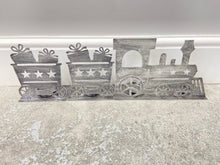 Load image into Gallery viewer, Handmade Christmas silver three piece train set measuring 50 x 8 x 16cm
