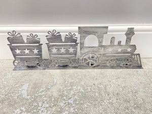 Handmade Christmas silver three piece train set measuring 50 x 8 x 16cm