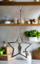 Afbeelding in Gallery-weergave laden, Handmade powder coated hanging silver star with reindeer measuring 27 x 25 x 1cm
